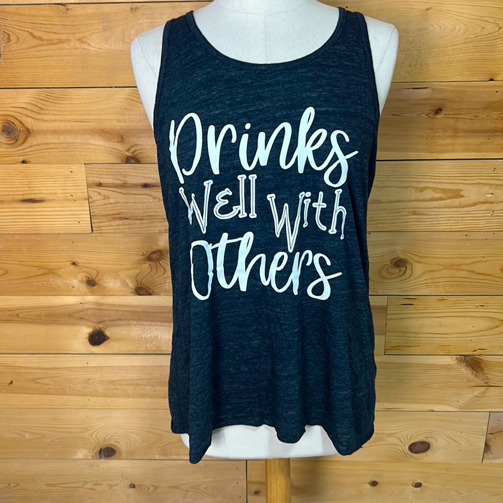 LAST CALL Funny DRINKS WELL WITH OTHERS party tee racerback tank top XXL 2XL